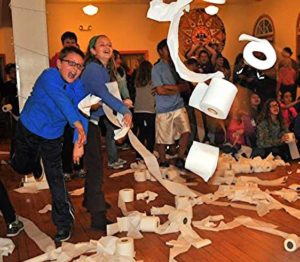 Confirmands got to thow toilet paper as part of a "Minute to Win it" game!